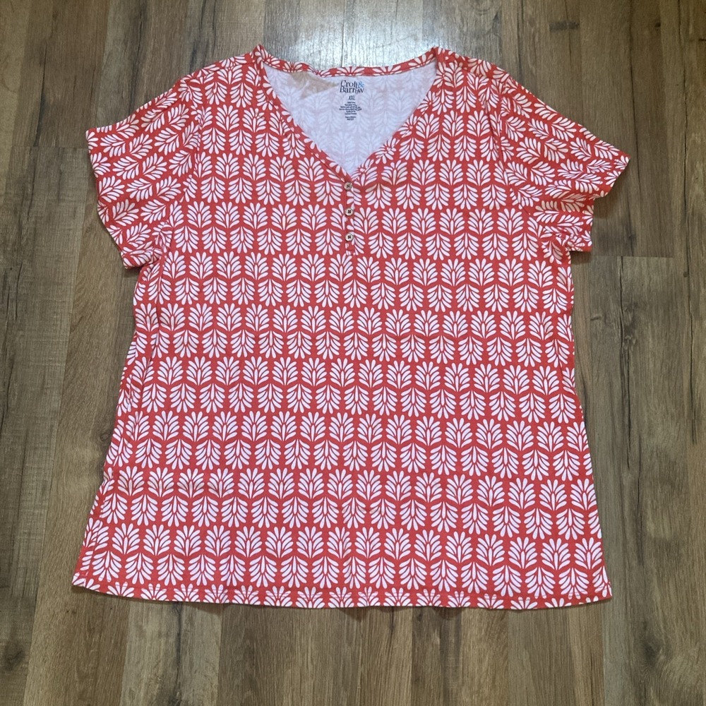 Womens Croft & Barrow XXL Tee Red White 100% Cotton Patriotic V-Neck Summer Soft